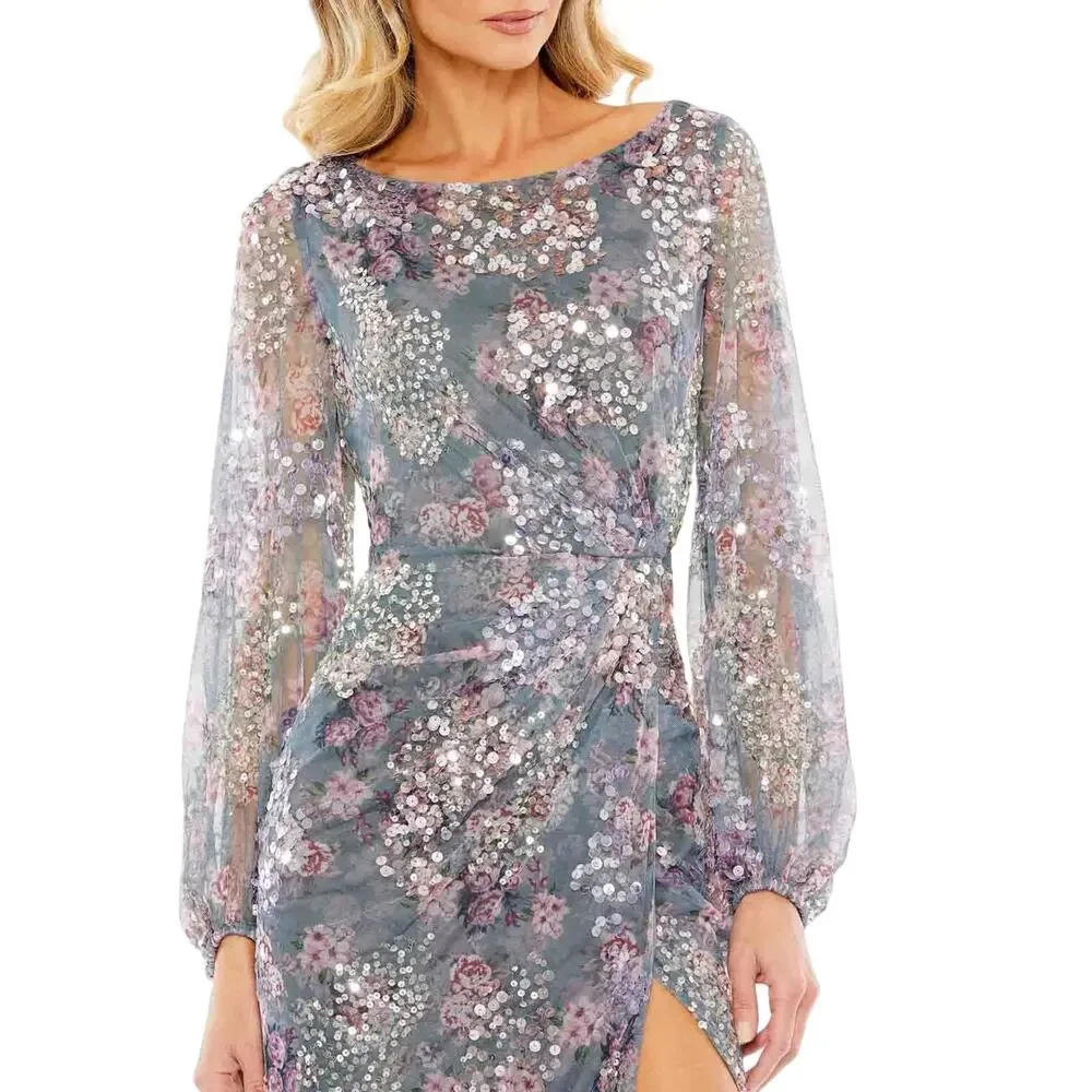 Mac Duggal NWT Floral Printed Sequin Formal Gown in Grey Multi Size 10 - Picture 3 of 8